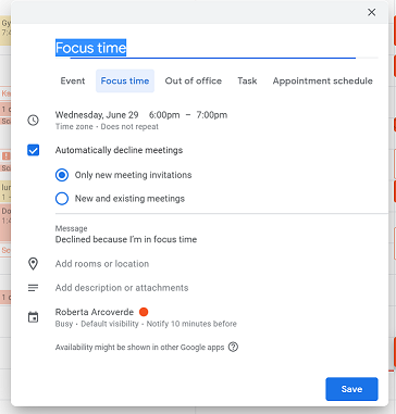 Focus Time no Google Calendar