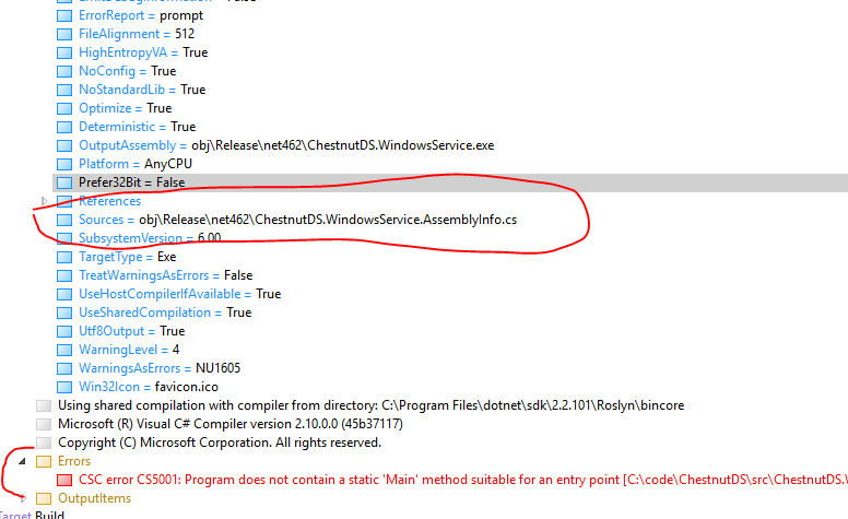 screenshot do MSBuild Log Viewer, mostrando que a coleção de arquivos de código fonte Sources está vazia